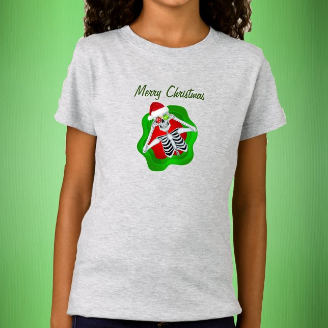 Merry Christmas Fun Skeleton Ornaments Santa Hat T-Shirt (Fun Christmas Skeleton in abstract green red blob shape ornaments and Santa Hat on kids tee shirt.)