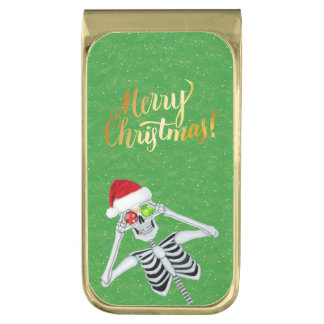 Merry Christmas Fun Skeleton Red Hat Green Gold  Finish Money Clip