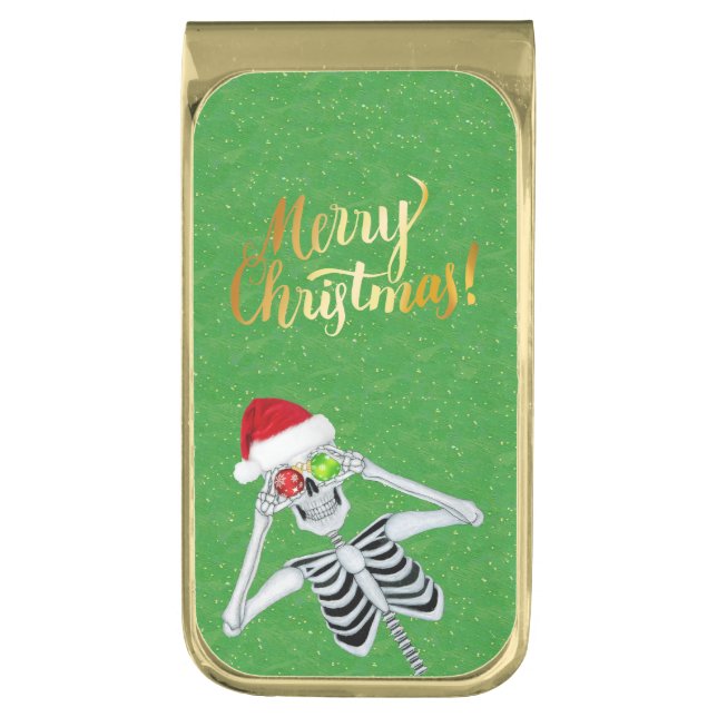 Merry Christmas Fun Skeleton Red Hat Green Gold  Finish Money Clip (Front Vertical)