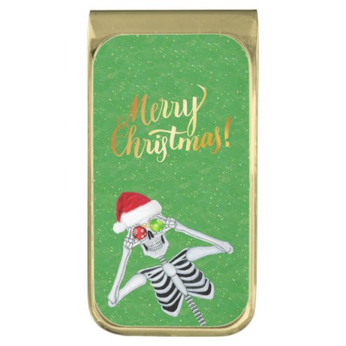 Merry Christmas Fun Skeleton Red Hat Green Gold  Gold Finish Money Clip
