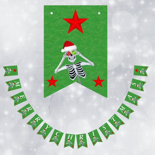 Merry Christmas Fun Skeleton Red Stars Green Bunting Flags