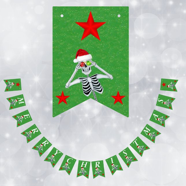 Merry Christmas Fun Skeleton Red Stars Green Bunting Flags (Fun Skeleton ornament eyes Santa hat red stars on green Merry Christmas party banner bunting flags.)