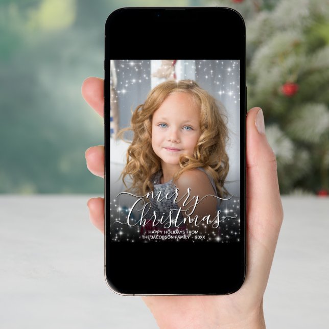 Merry Christmas Fun Sparkles Photo Overlay Gray Holiday Card (Front Digital)