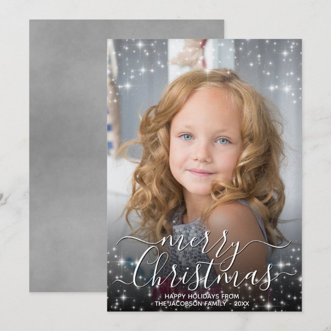 Merry Christmas Fun Sparkles Photo Overlay Gray Holiday Card (Front/Back)