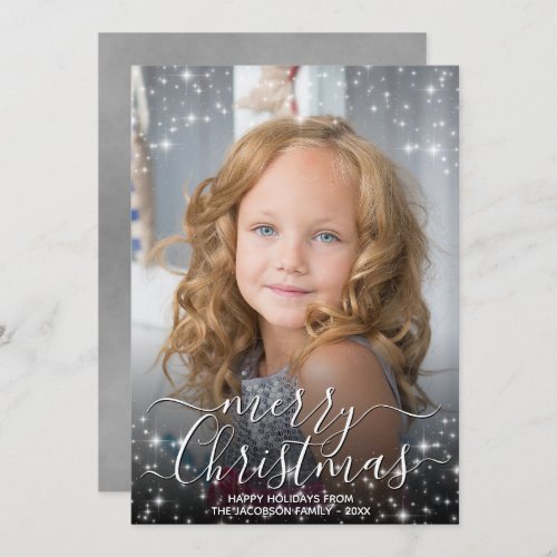 Merry Christmas Fun Sparkles Photo Overlay Gray Holiday Card