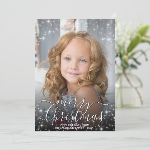 Merry Christmas Fun Sparkles Photo Overlay Gray Holiday Card | Zazzle