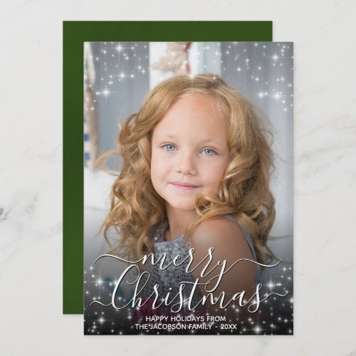 Merry Christmas Fun Sparkles Photo Overlay Green Holiday Card
