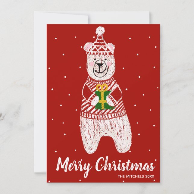 Merry Christmas Funny Bear Present Red Stripe Holiday Card (Front)