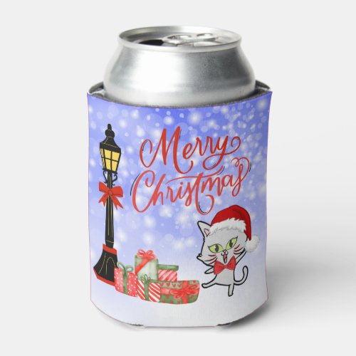 Merry Christmas  Funny Cat in a Santa Hat Can Cooler