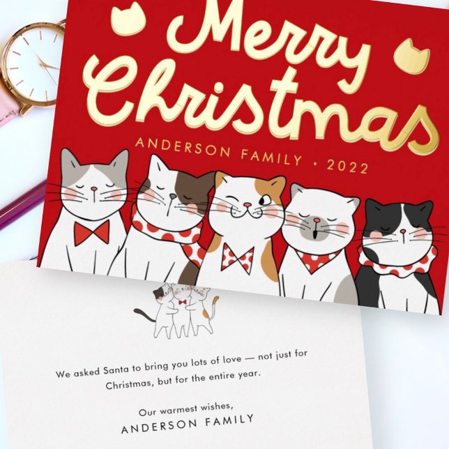 Merry Christmas Funny Cute Cats Caroling Foil Holiday Card (Creator Uploaded)