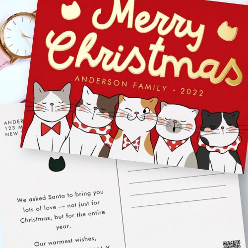 Merry Christmas Funny Cute Cats Caroling Foil Holiday Postcard