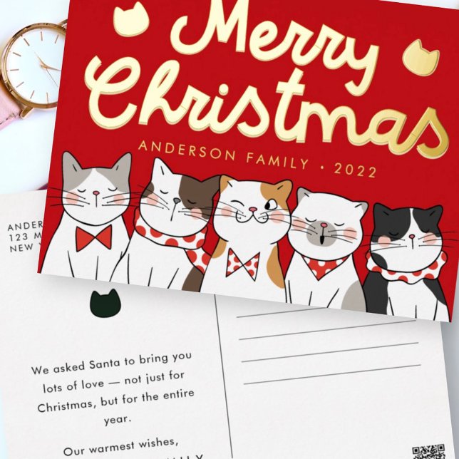 Merry Christmas Funny Cute Cats Caroling Foil Holiday Postcard (Creator Uploaded)