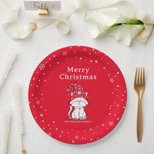 Merry Christmas Funny Cute Christmas Cat Paper Plates (Wedding)