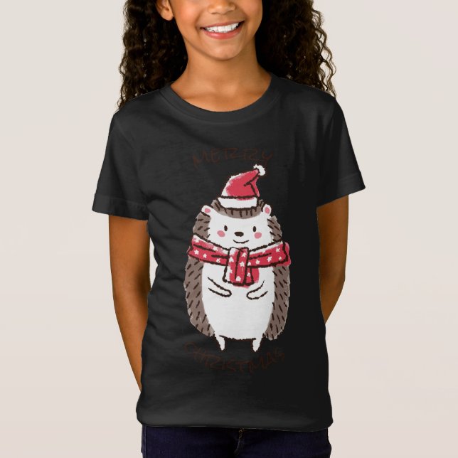 Merry Christmas Funny Cute Hedgehog Santa Hat Star T-Shirt (Front)
