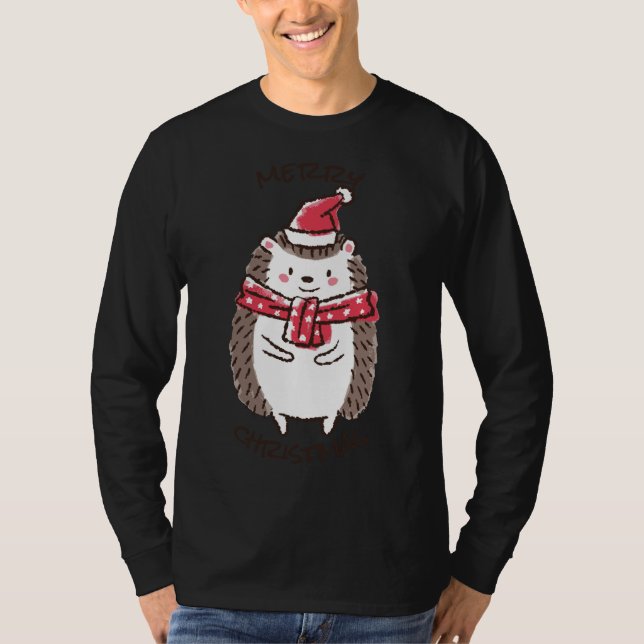 Merry Christmas Funny Cute Hedgehog Santa Hat Star T-Shirt (Front)