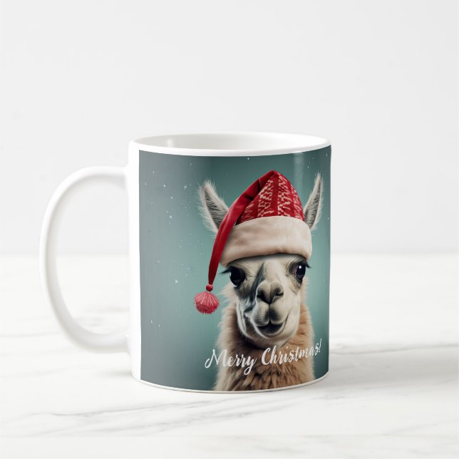 Merry Christmas Funny Cute Lllama Alpaca Santa Hat Coffee Mug (Left)