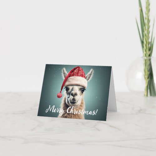 Merry Christmas Funny Cute Lllama Alpaca Santa Hat Holiday Card