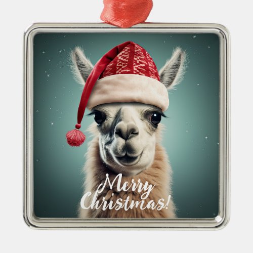 Merry Christmas Funny Cute Lllama Alpaca Santa Hat Metal Ornament