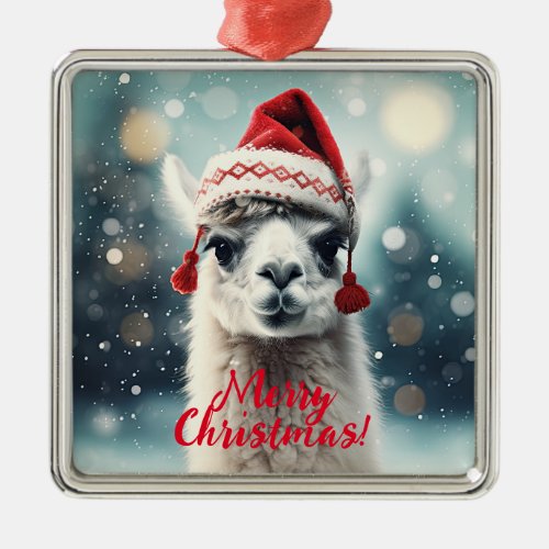 Merry Christmas Funny Cute Lllama Alpaca Santa Hat Metal Ornament