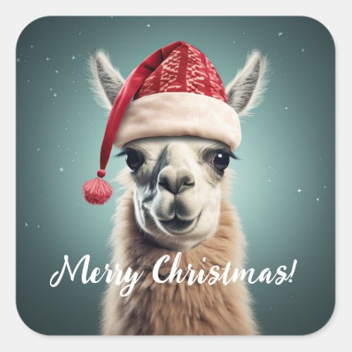 Merry Christmas Funny Cute Lllama Alpaca Santa Hat Square Sticker