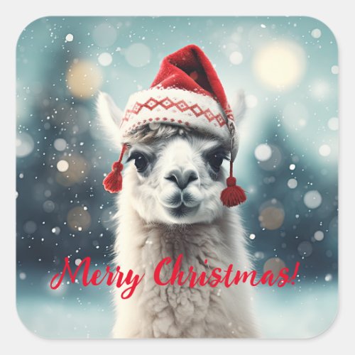Merry Christmas Funny Cute Lllama Alpaca Santa Hat Square Sticker