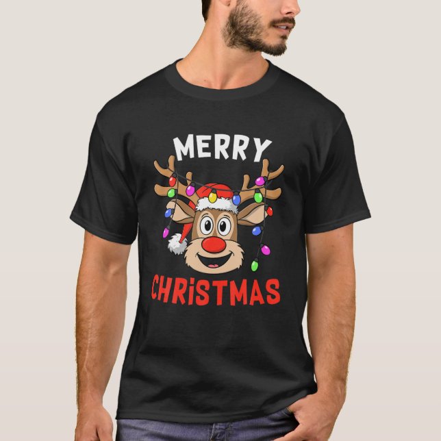 Merry Christmas Funny Cute Reindeer Gift Kids Boys T-Shirt (Front)