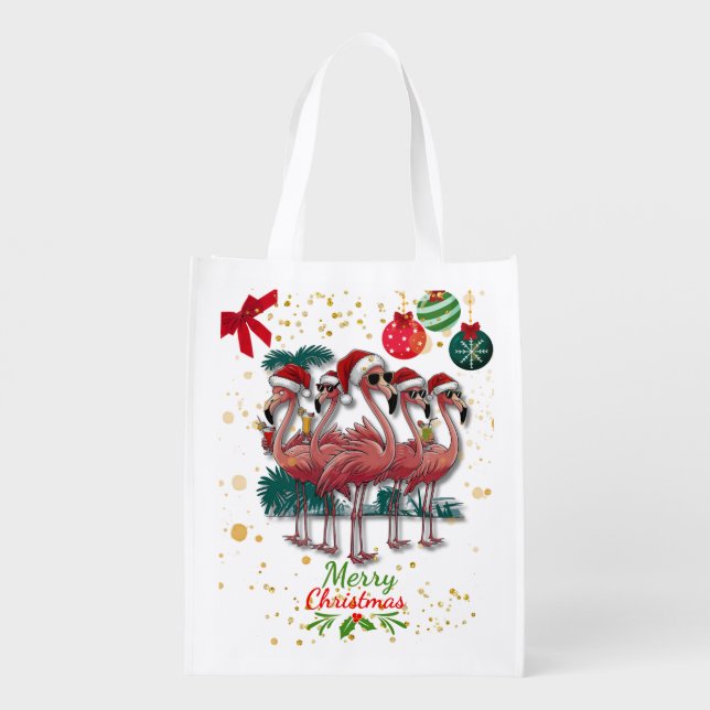 Merry Christmas Funny Flamingo with Sunglasses  Grocery Bag (Back)
