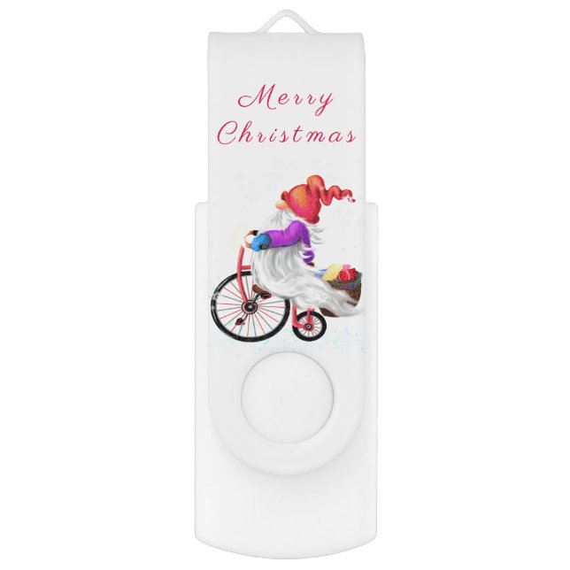 Merry Christmas - Funny Gnome with Bike and Gifts  Flash Drive (Back (Vertical))