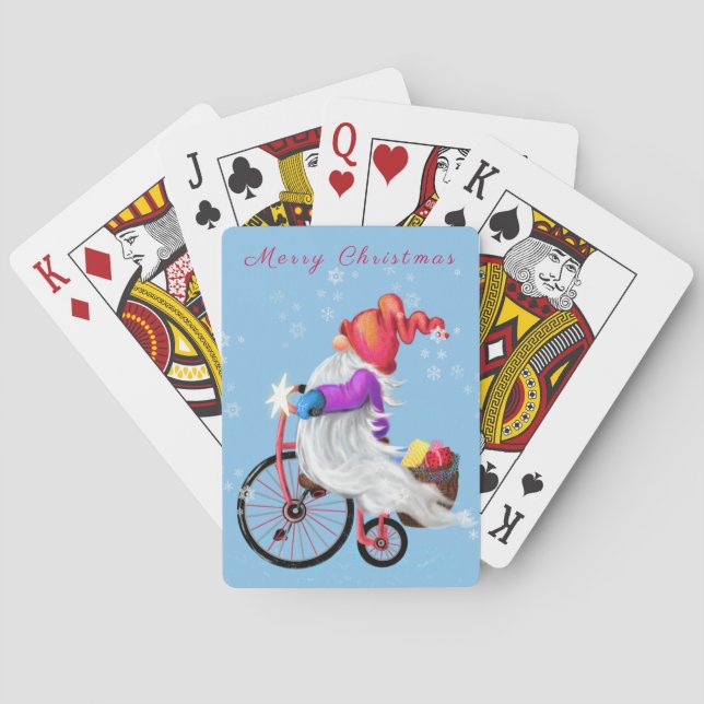 Merry Christmas - Funny Gnome with Bike and Gifts  Poker Cards (Back)