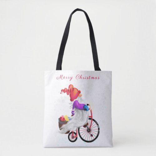 Merry Christmas _ Funny Gnome with Bike and Gifts  Tote Bag