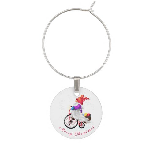 Merry Christmas _ Funny Gnome with Bike and Gifts  Wine Charm
