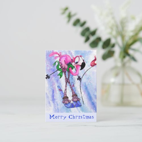 Merry Christmas _ Funny Pink Flamingo Skier _ Fun Note Card