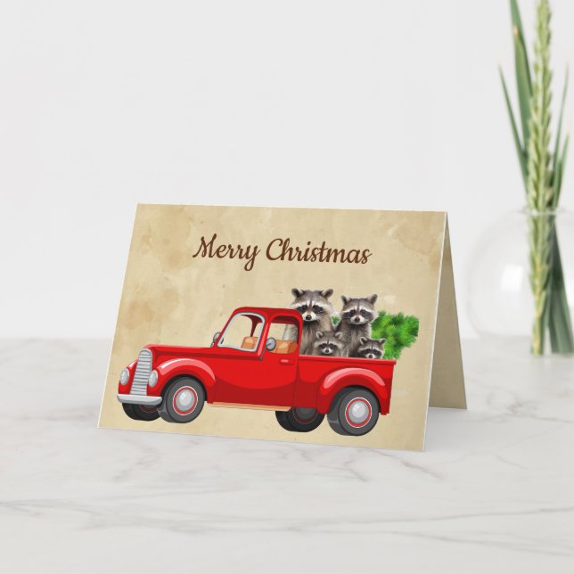 Merry Christmas Funny Raccoon Truck Animals Card (Front)