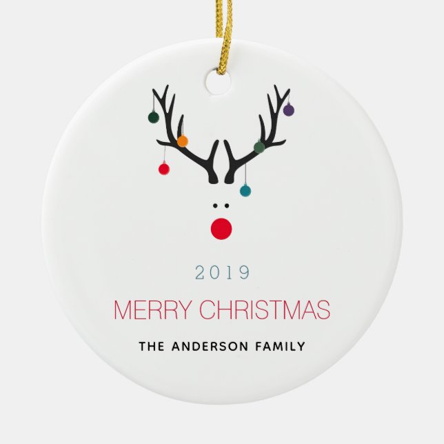 Merry Christmas funny reindeer white red family Ceramic Ornament (Front)