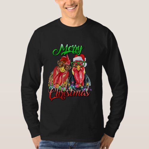 Merry Christmas Funny Roosters Farming Chicken Lig T_Shirt