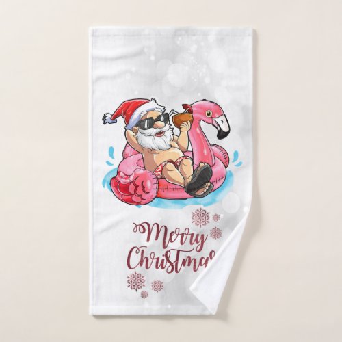 Merry Christmas Funny Santa ClausPink Flamingo Bath Towel Set