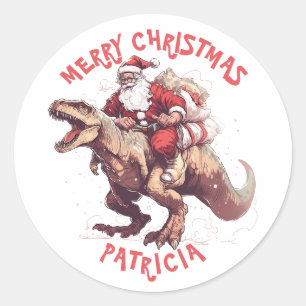 Merry Christmas Funny Santa Claus Riding Dinosaur Classic Round Sticker