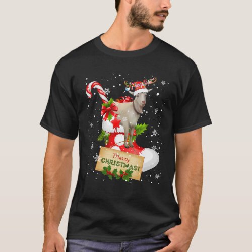 Merry Christmas Funny Santa Reindeer Goat In Sock T_Shirt