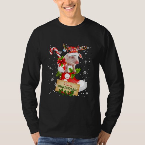 Merry Christmas Funny Santa Reindeer Pig In Sock T_Shirt
