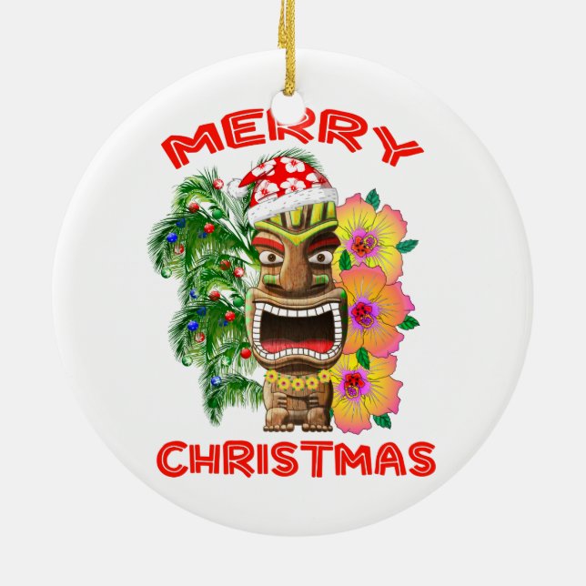 Merry Christmas Funny Santa Tiki Ceramic Ornament (Back)