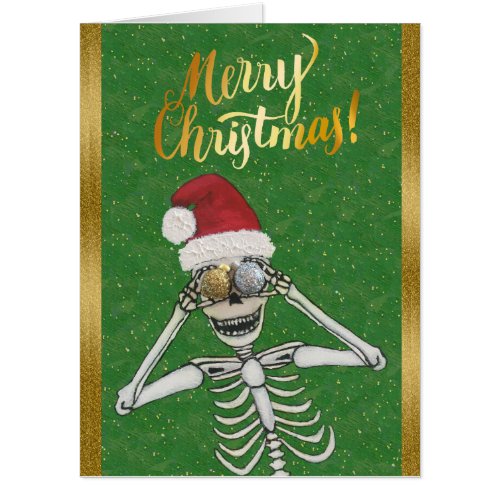 Merry Christmas Funny Skeleton Red Hat Green Gold Card