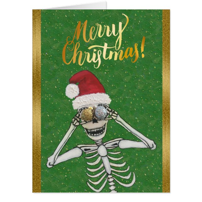 Merry Christmas Funny Skeleton Red Hat Green Gold Card (Front)