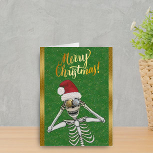Merry Christmas Funny Skeleton Red Hat Green Gold Card