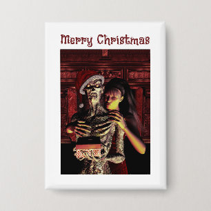 Merry Christmas. Funny skeleton with woman Button