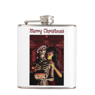 Merry Christmas. Funny skeleton with woman Flask