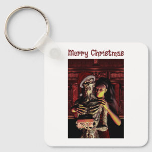 Merry Christmas. Funny skeleton with woman Keychain