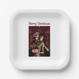 Merry Christmas. Funny skeleton with woman Paper Plates