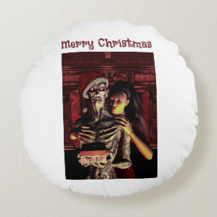Merry Christmas. Funny skeleton with woman Round Pillow