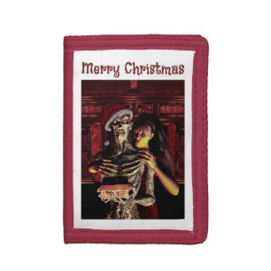 Merry Christmas. Funny skeleton with woman Tri-fold Wallet