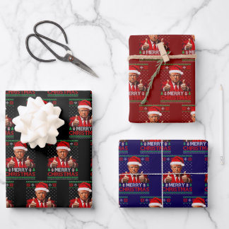 Merry Christmas Funny Trump Santa Hat Ugly Xmas Wrapping Paper Sheets